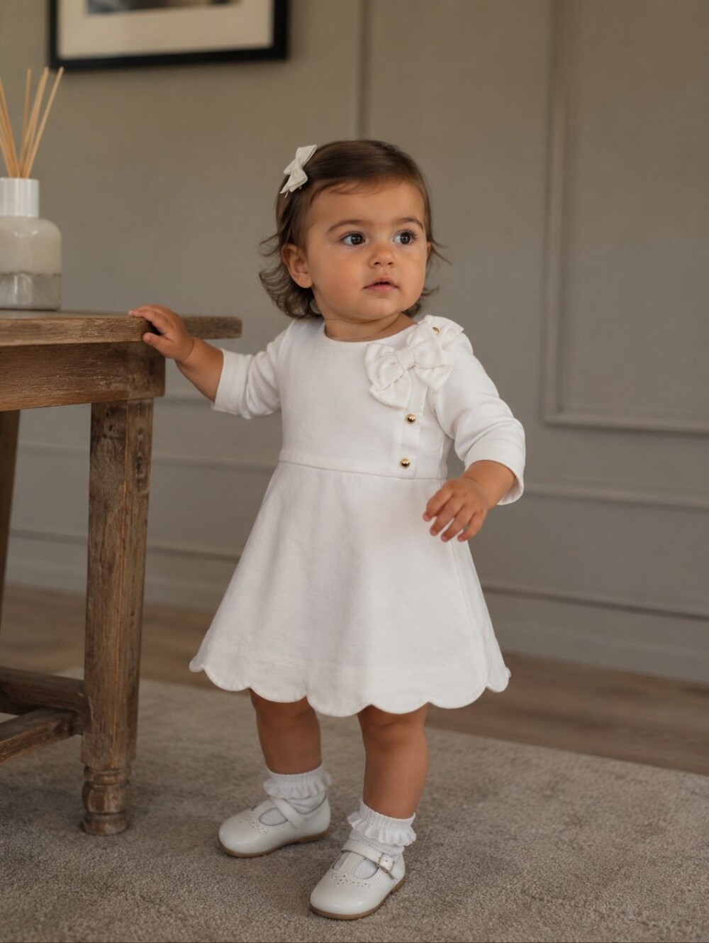 Janie and Jack Baby Girl Ivory Bow Dress Gold Buttons 12-18M Classic Preppy